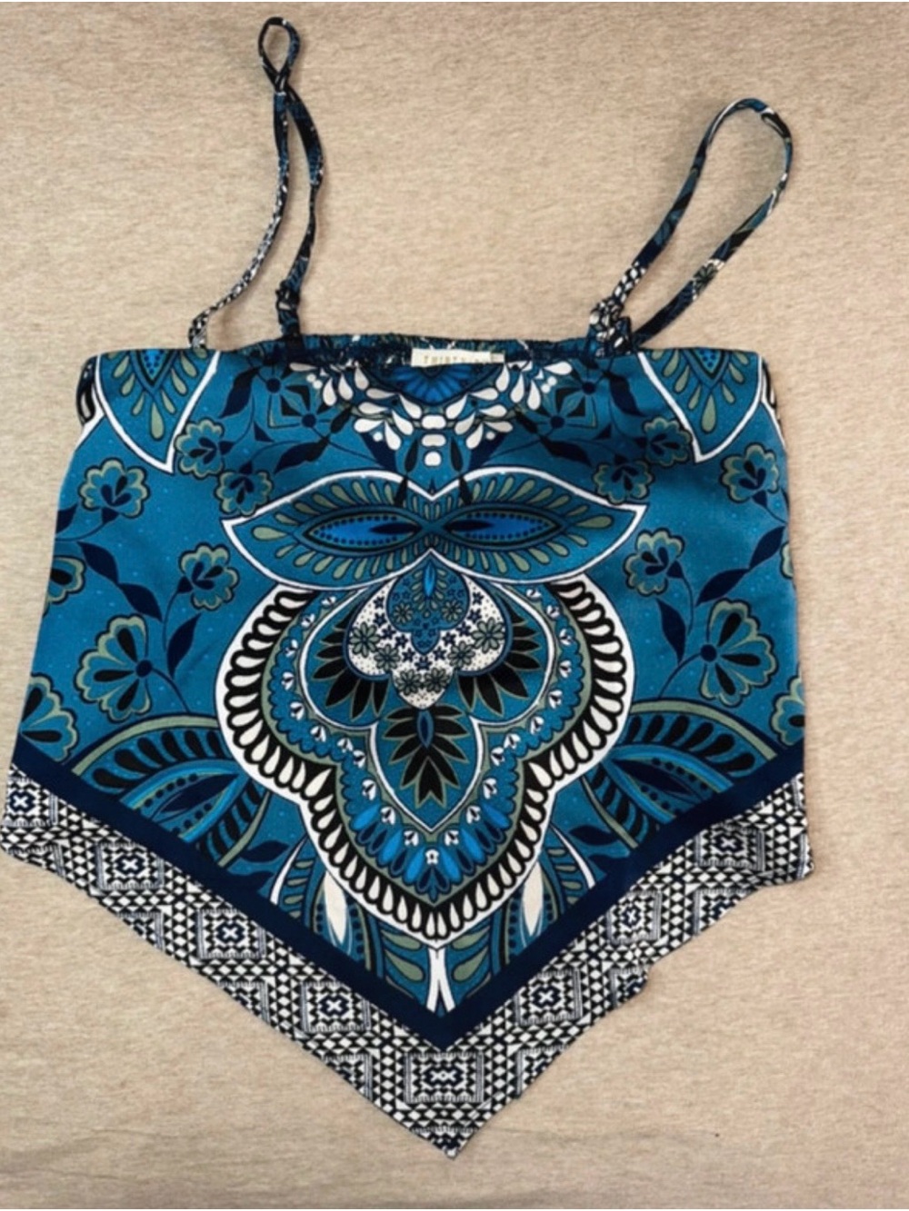 Blue Paisley Handkerchief-Hem Crop Tank Top
